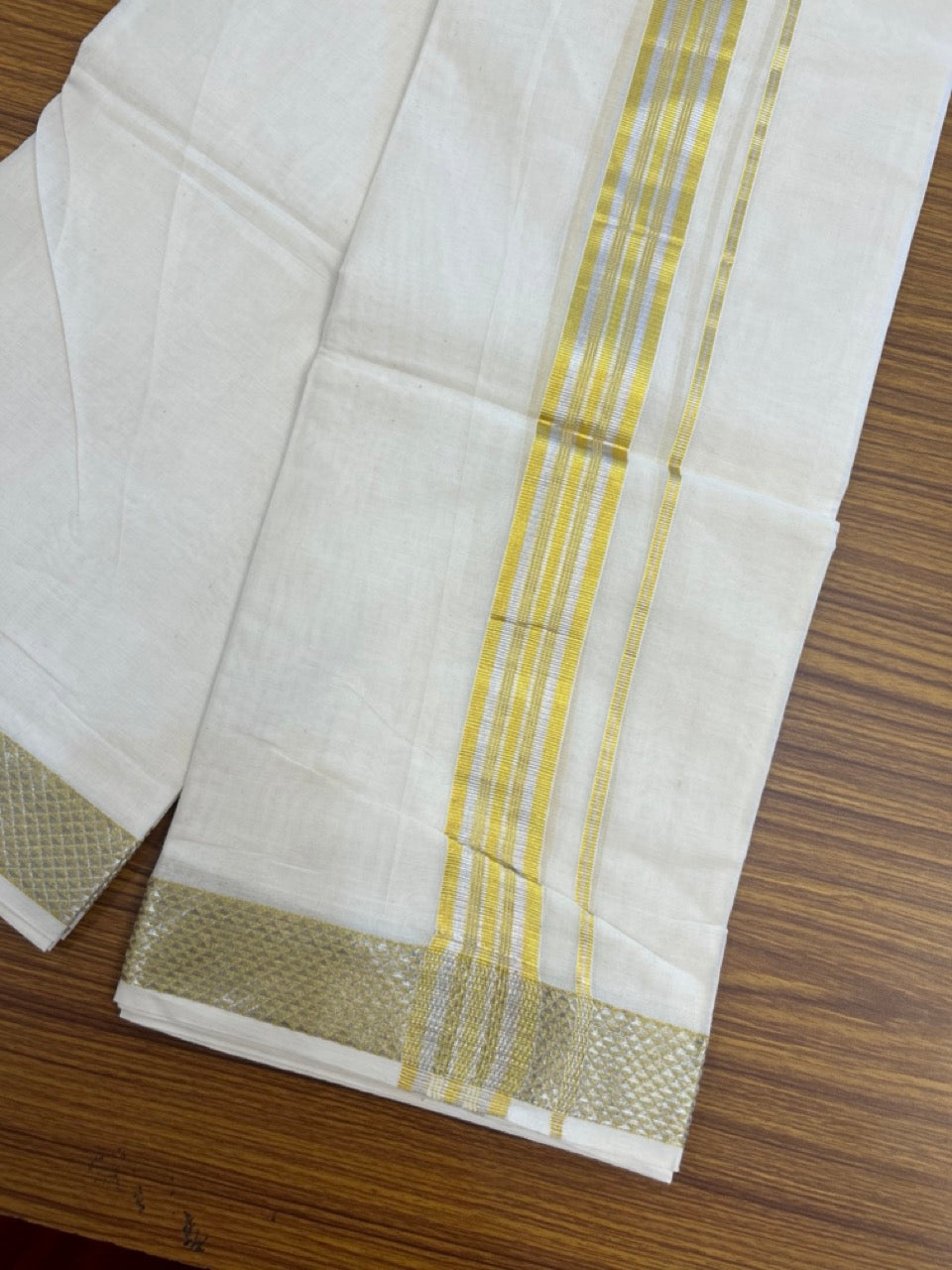 20% DISCOUNT ! KaithariKada  Balaramapuram - 100% PURE Cotton Off White - (Unbleached) Double Mundu/Dhoti - 100X80 -  1.25 inch Gold Kasavu & Silver Kasavu Striped Kara -  1 KK5279 CKS