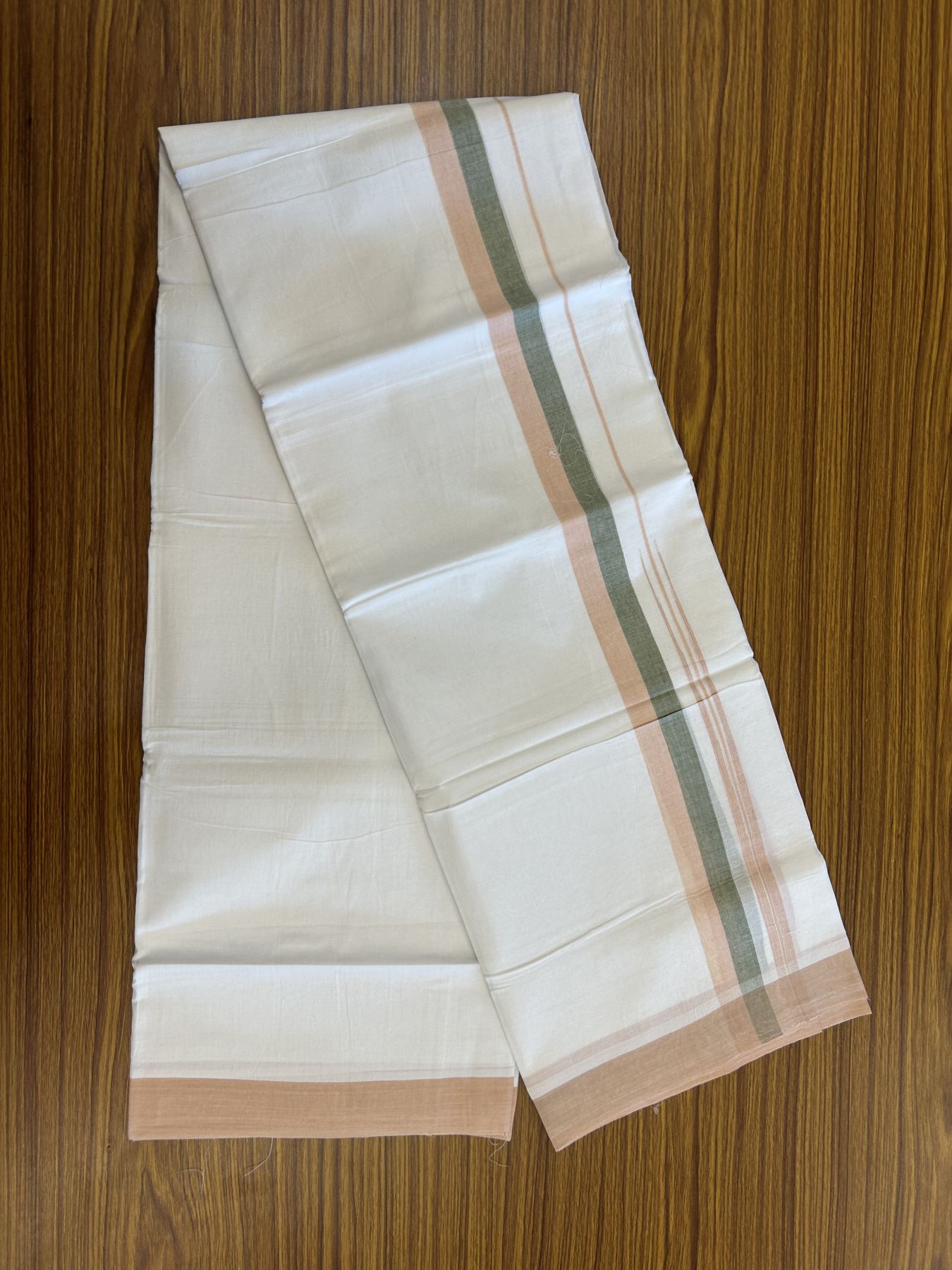 20% Discount ! Kaitharikada Balaramapuram 100% Pure Cotton Double Pure White Mundu/Dhoti - 100x80 - 1.25 inch Olive Green & Light Peach Striped Shaded Chutty 3.90 mtr (8 muzham) - 16 KK5312 PMC
