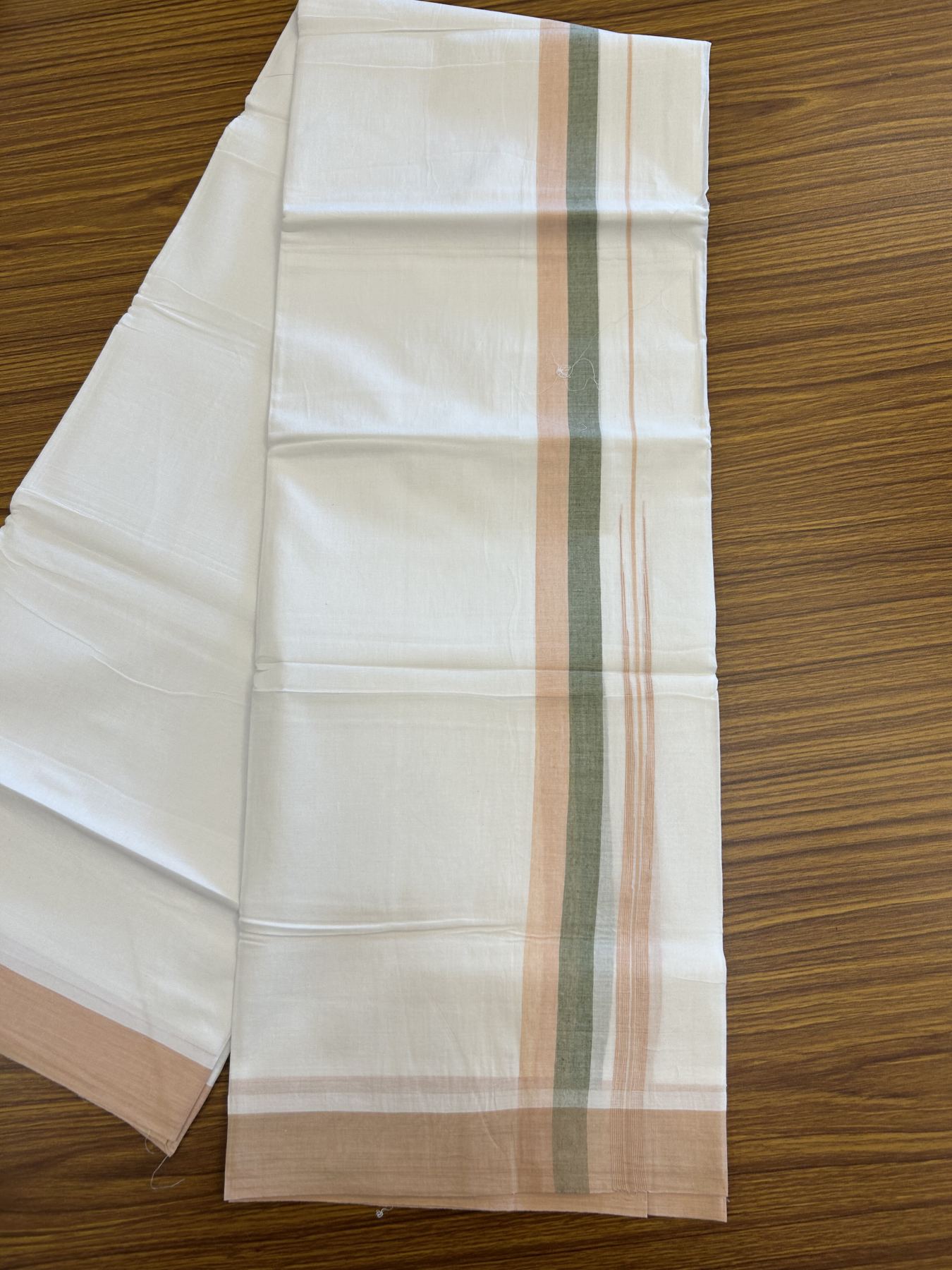 20% Discount ! Kaitharikada Balaramapuram 100% Pure Cotton Double Pure White Mundu/Dhoti - 100x80 - 1.25 inch Olive Green & Light Peach Striped Shaded Chutty 3.90 mtr (8 muzham) - 16 KK5312 PMC