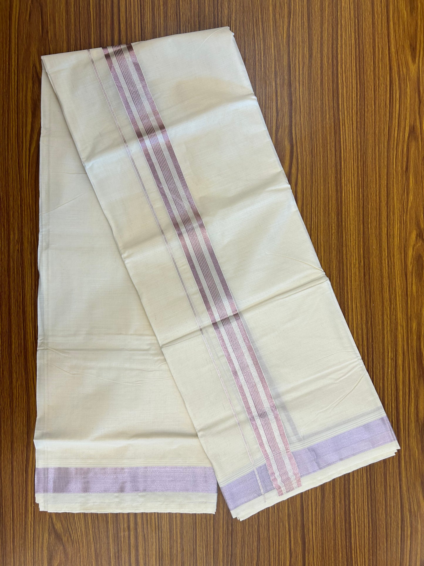 20% Discount ! Kaitharikada Balaramapuram 100% Cotton Off White Double Mundu/Dothi  - 100x80- 1.5 Inch Silver Kasav & Dark Rose Pink Kasav Striped Kara - 4mtr (8.5muzham)- 26 KK5250 VIN