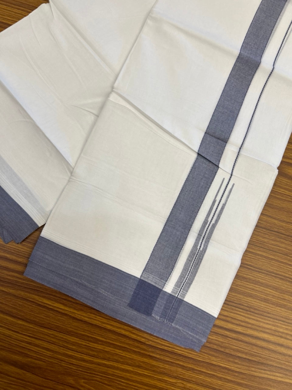 20% Discount! KaithariKada Balaramapuram 100% Cotton Double Pure white Mundu/Dhoti- 60s - 1.25 inch Ash Blue shaded chutty kara - 3.90mtr ( 8 muzham) - 27 KK5279 CKS