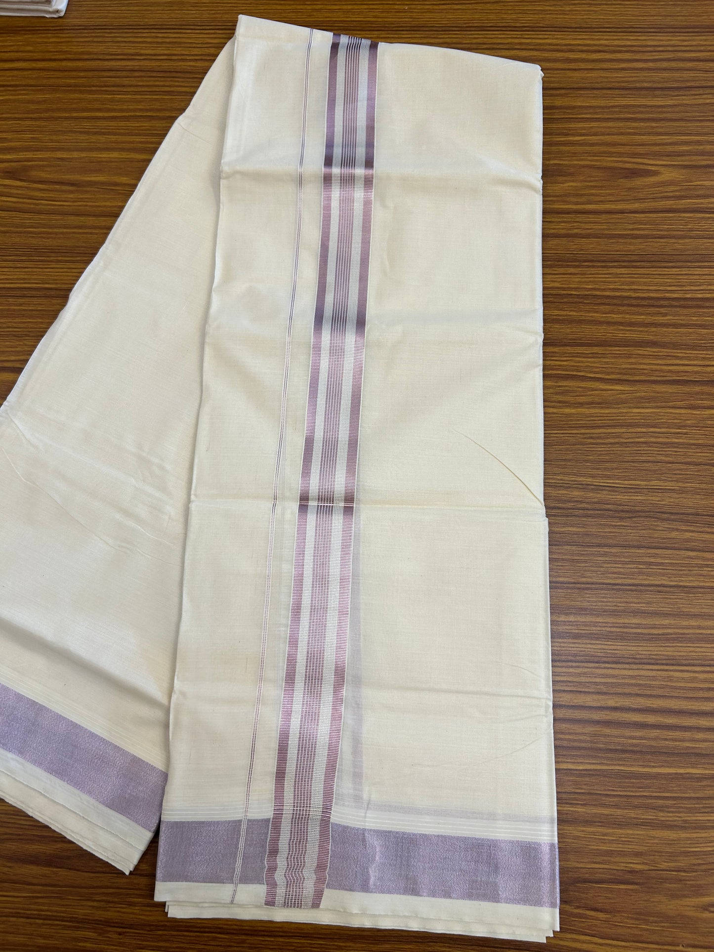 20% Discount ! Kaitharikada Balaramapuram 100% Cotton Off White Double Mundu/Dothi  - 100x80- 1.5 Inch Silver Kasav & Dark Rose Pink Kasav Striped Kara - 4mtr (8.5muzham)- 26 KK5250 VIN