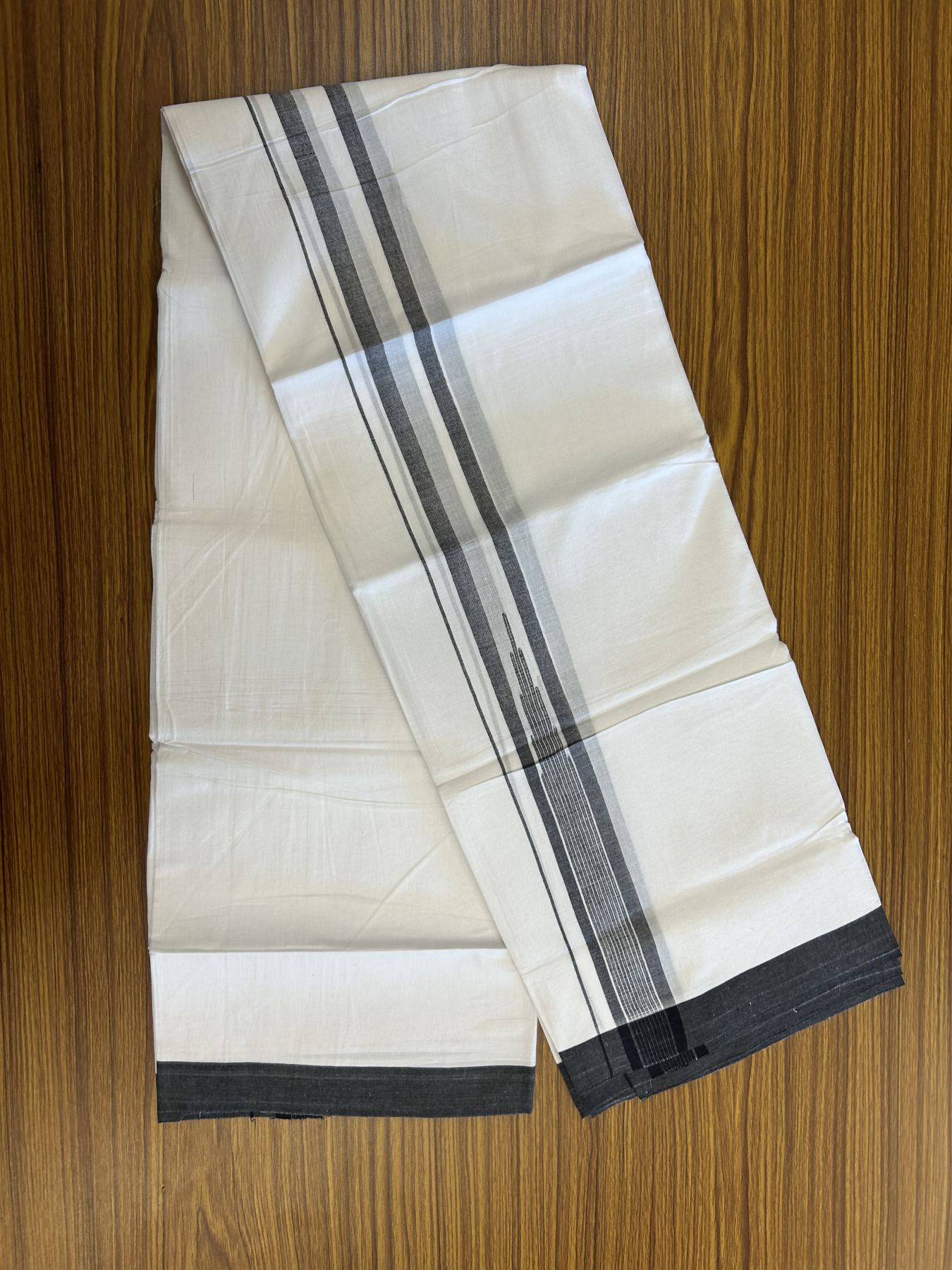20% Discount ! Kaitharikada Balaramapuram 100% Pure Cotton Double Pure White Mundu/Dhoti - 100x80 - 1.75 inch Black Shaded Striped Chutty 3.90 mtr (8 muzham) - 24 KK5312 PMC