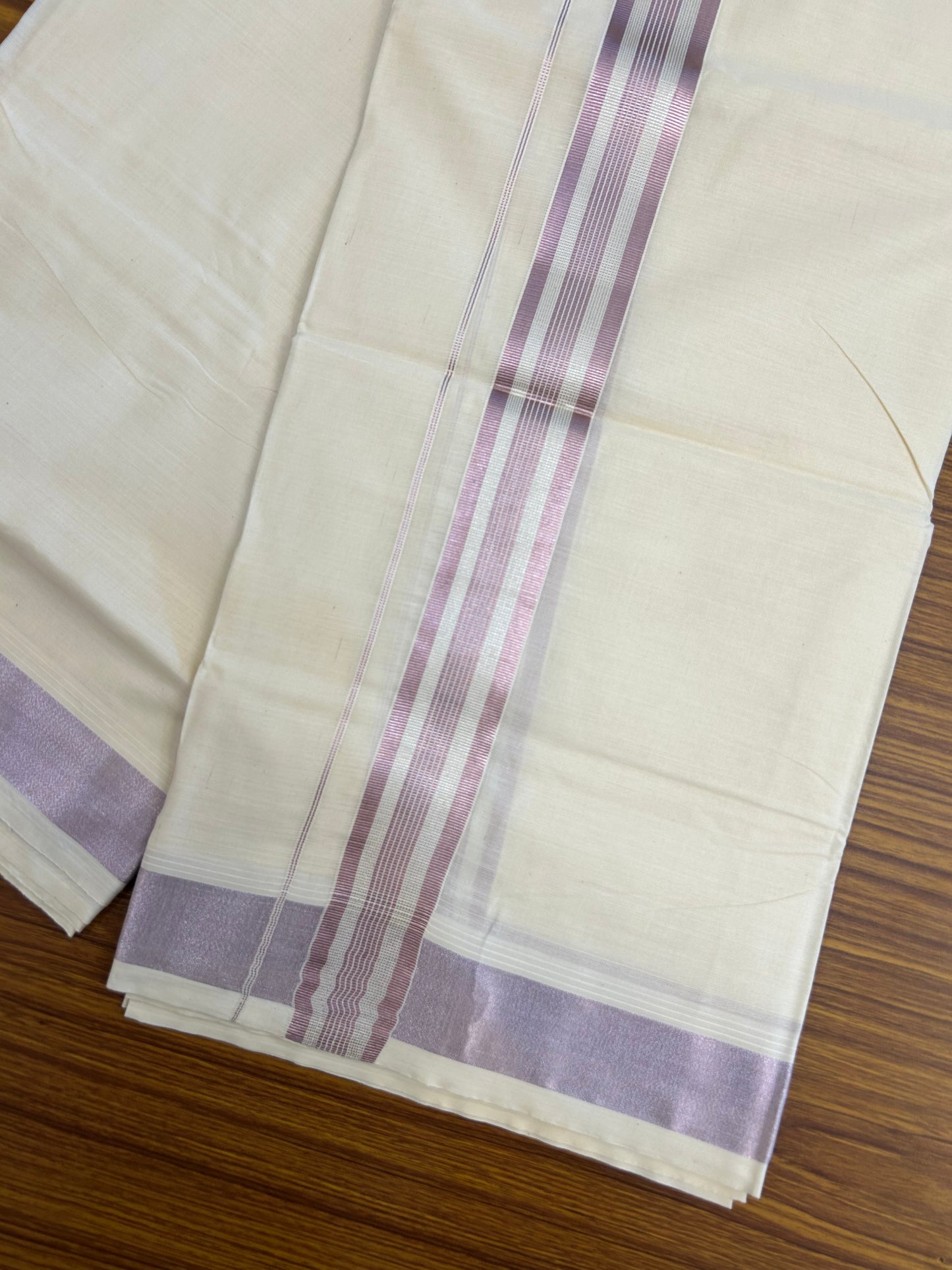 20% Discount ! Kaitharikada Balaramapuram 100% Cotton Off White Double Mundu/Dothi  - 100x80- 1.5 Inch Silver Kasav & Dark Rose Pink Kasav Striped Kara - 4mtr (8.5muzham)- 26 KK5250 VIN