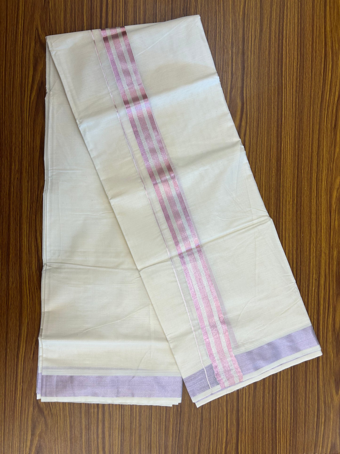 20% Discount ! Kaitharikada Balaramapuram 100% Cotton Off White Double Mundu/Dothi  - 100x80- 1.5 Inch Silver Kasav & Rose Pink Kasav Striped Kara - 4mtr (8.5muzham)- 27 KK5250 VIN
