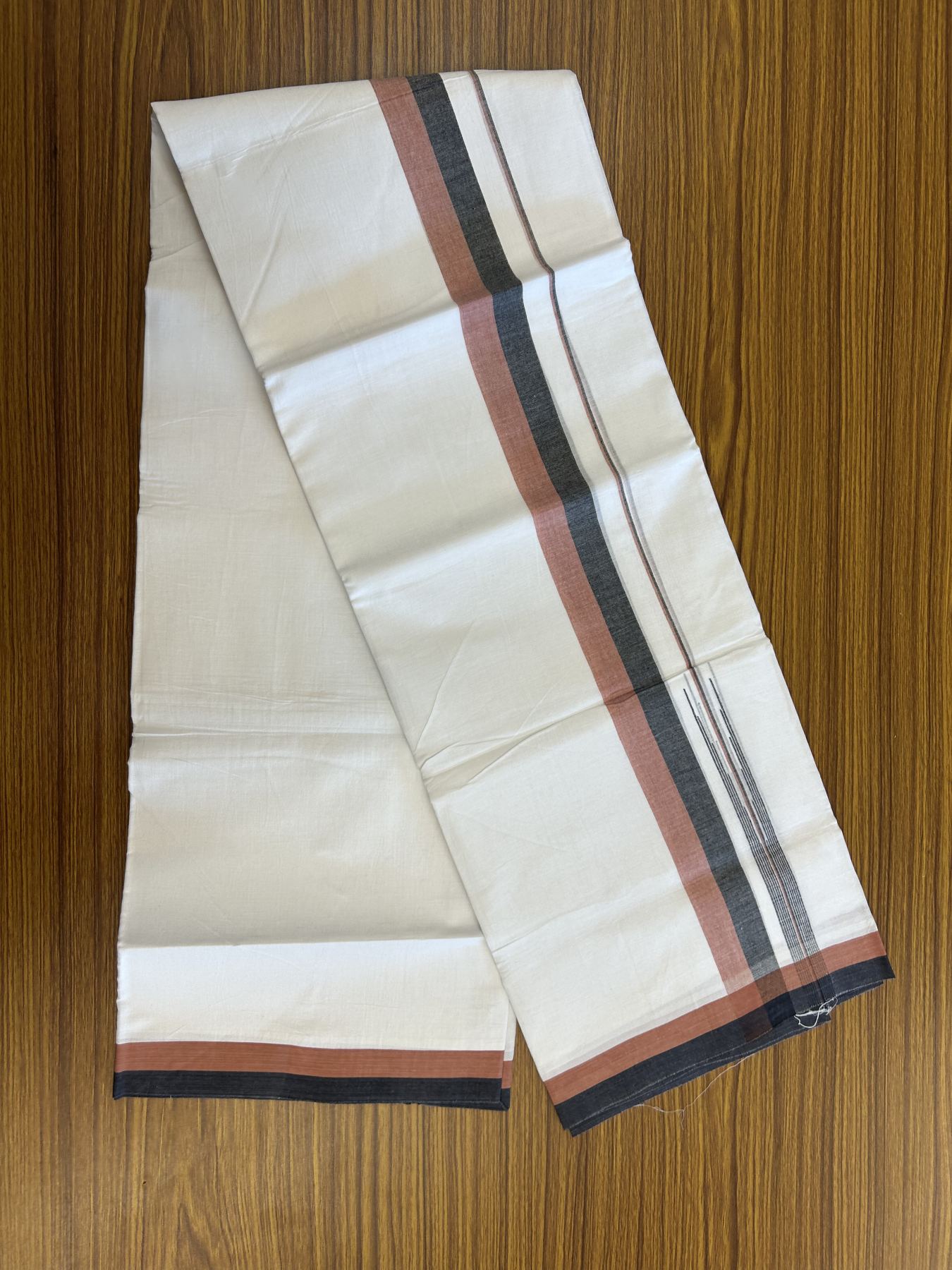 20% Discount ! Kaitharikada Balaramapuram 100% Pure Cotton Double Pure White Mundu/Dhoti - 100x80 - 1.25 inch Cinnamon Brown & Black Striped Shaded Chutty 3.90 mtr (8 muzham) - 21 KK5312 PMC