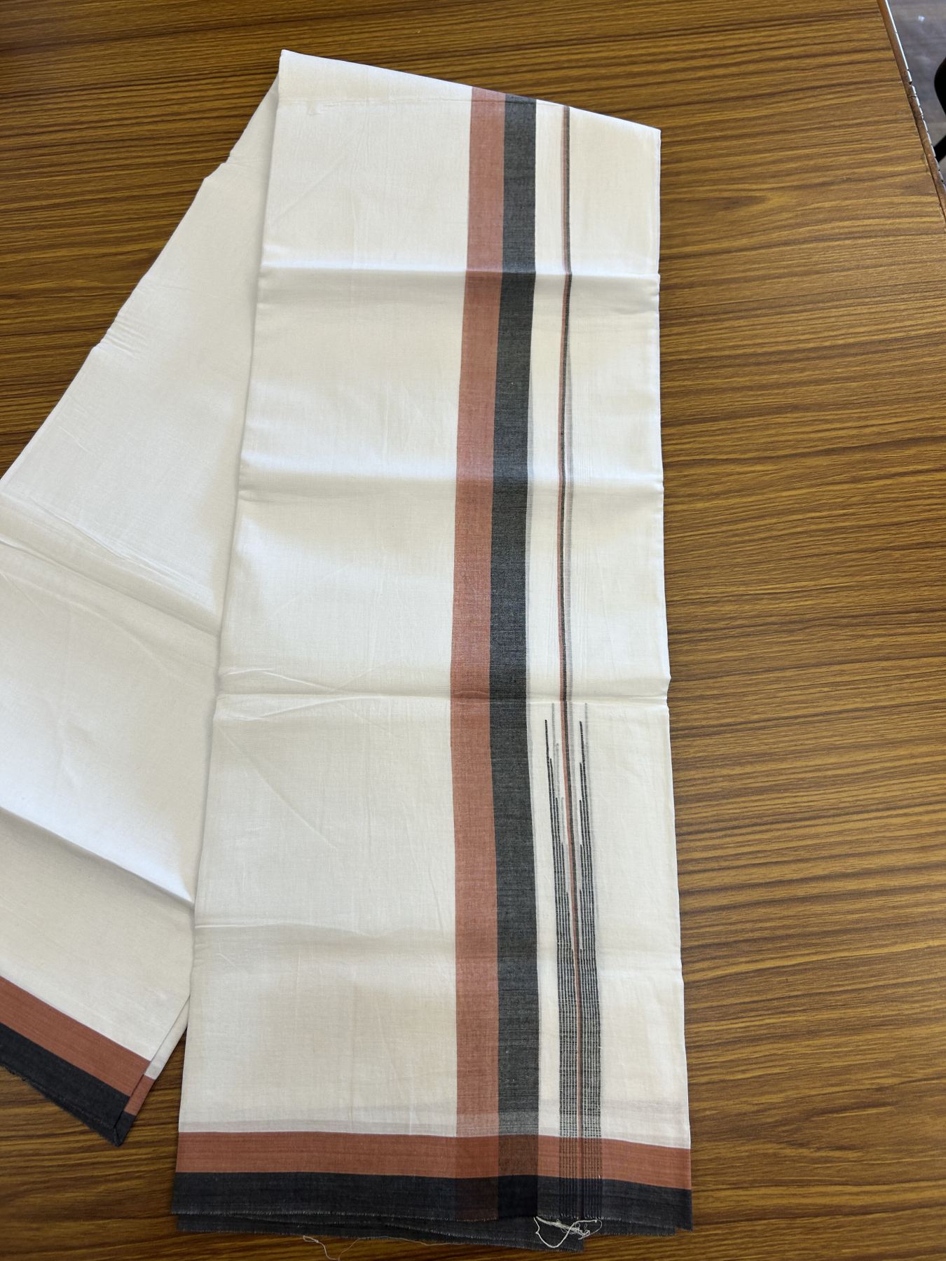 20% Discount ! Kaitharikada Balaramapuram 100% Pure Cotton Double Pure White Mundu/Dhoti - 100x80 - 1.25 inch Cinnamon Brown & Black Striped Shaded Chutty 3.90 mtr (8 muzham) - 21 KK5312 PMC