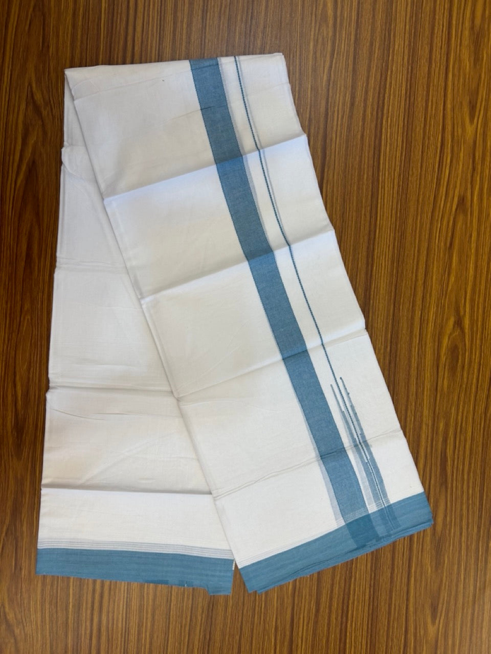 20% Discount! KaithariKada Balaramapuram 100% Cotton Double Pure white Mundu/Dhoti- 60s - 1.25 inch Blue Green shaded chutty kara - 3.90mtr ( 8 muzham) - 28 KK5279 CKS