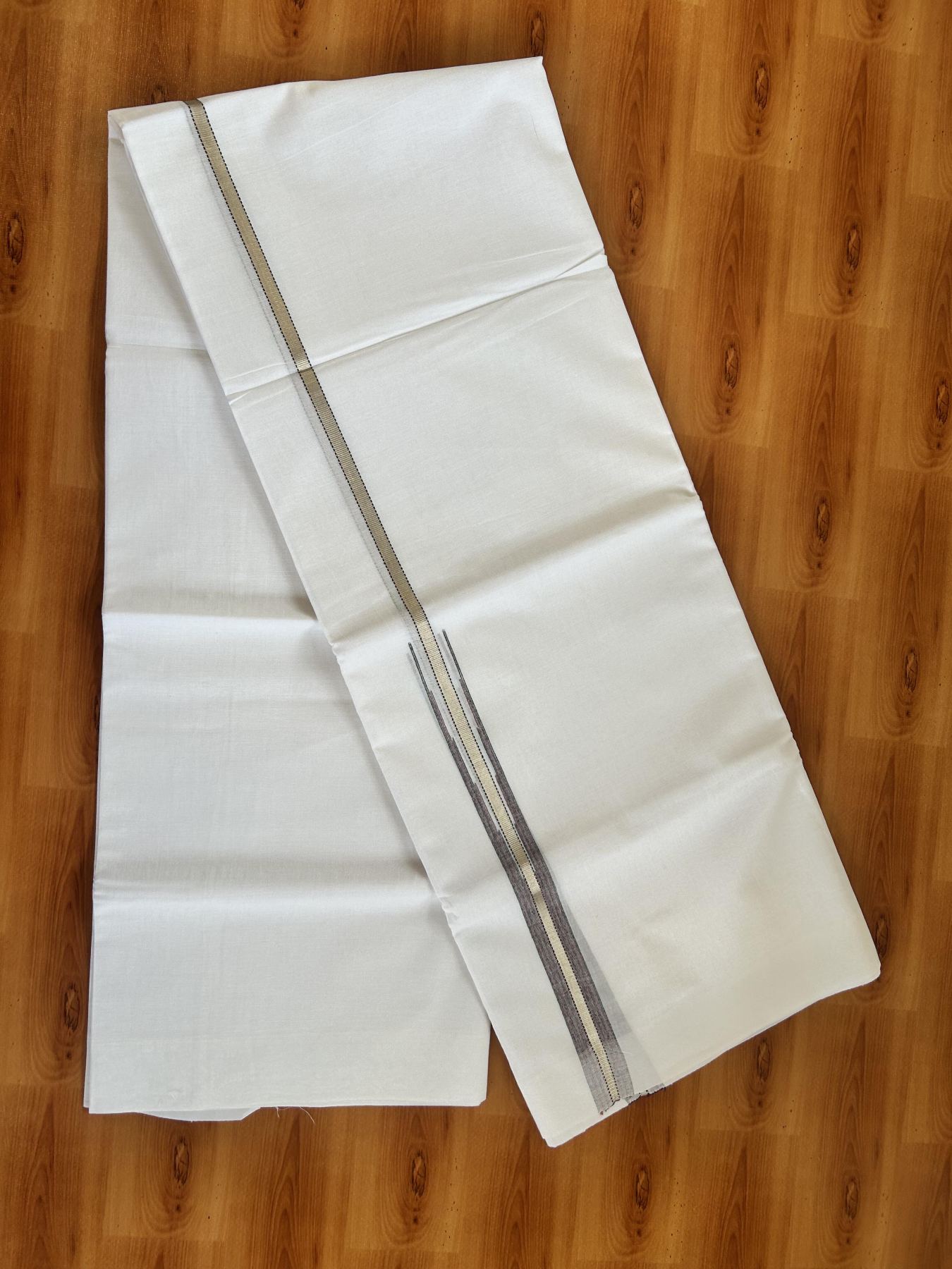 Double Pure White Mundu/Dhoti - 20% Discount !! KaithariKada Balaramapuram 100% Cotton - 100x80 - 1 inch Multi Colour & Silver Kasav Stripes Chutty Kara 3.80 mtr (8 muzham) - 41 KK5414 CKS