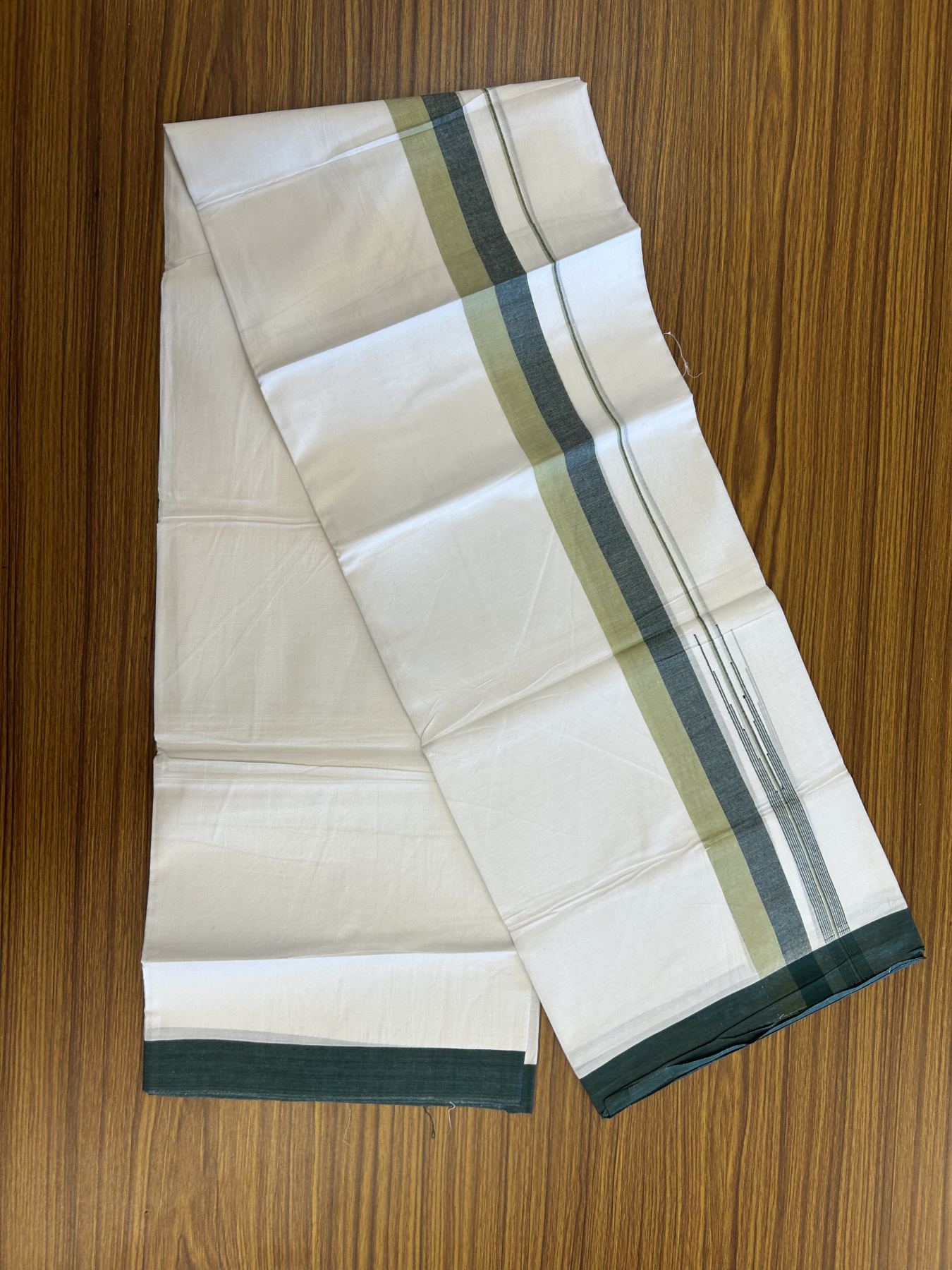 20% Discount ! Kaitharikada Balaramapuram 100% Pure Cotton Double Pure White Mundu/Dhoti - 100x80 - 1.5 inch Green & Light Green Striped Shaded Chutty 3.90 mtr (8 muzham) - 15 KK5312 PMC