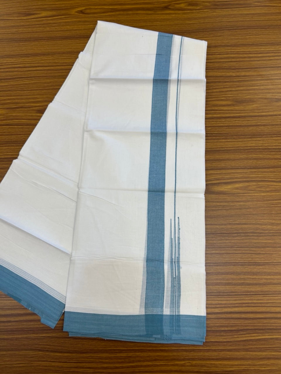 20% Discount! KaithariKada Balaramapuram 100% Cotton Double Pure white Mundu/Dhoti- 60s - 1.25 inch Blue Green shaded chutty kara - 3.90mtr ( 8 muzham) - 28 KK5279 CKS