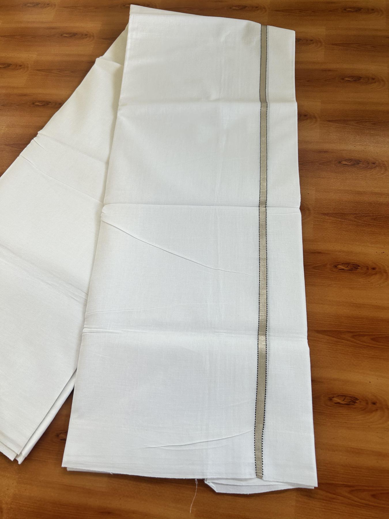 Double Pure White Mundu/Dhoti - 20% Discount !! KaithariKada Balaramapuram 100% Cotton - 100x80 - 1 inch Multi Colour & Silver Kasav Stripes Chutty Kara 3.80 mtr (8 muzham) - 41 KK5414 CKS