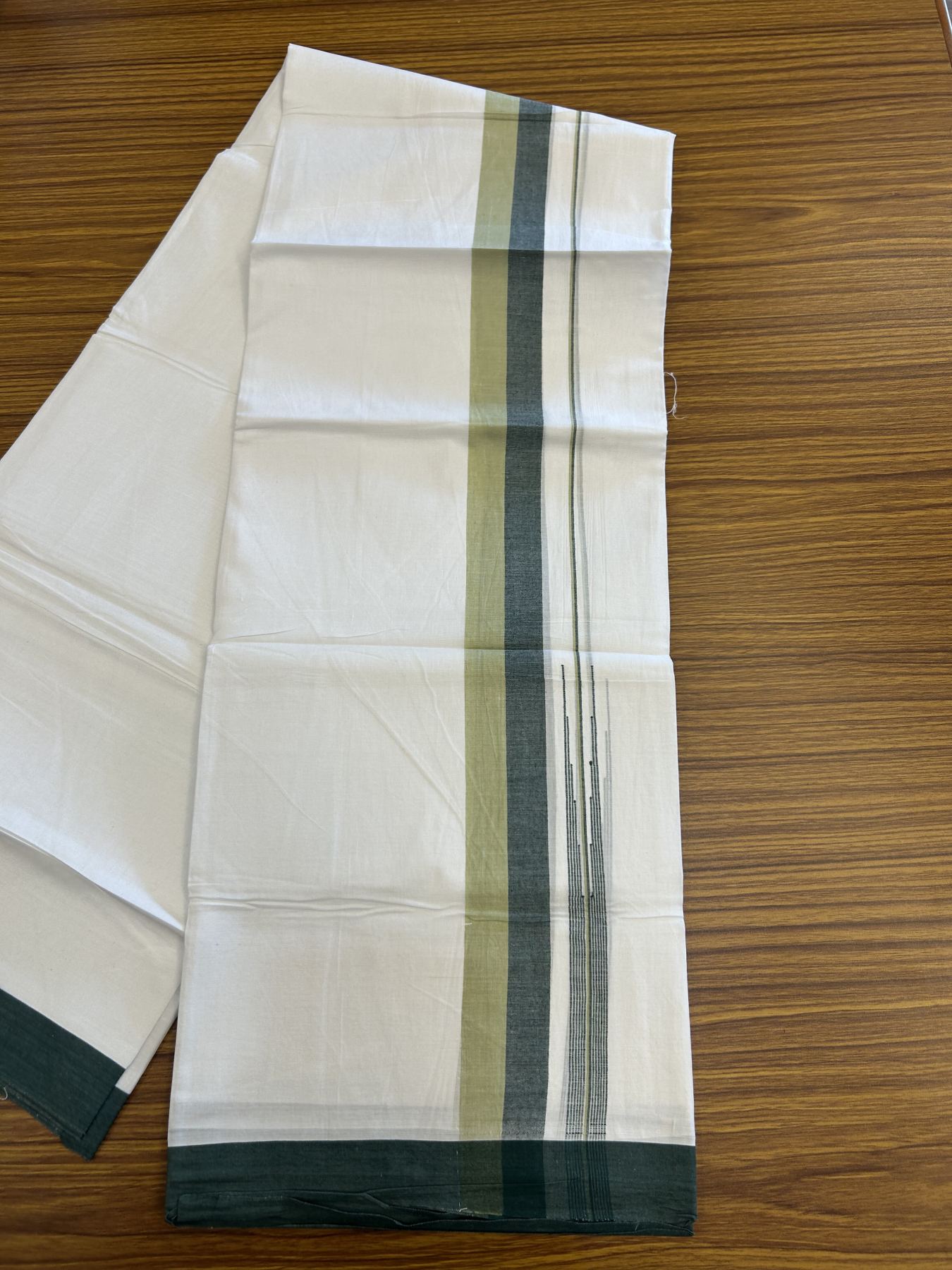 20% Discount ! Kaitharikada Balaramapuram 100% Pure Cotton Double Pure White Mundu/Dhoti - 100x80 - 1.5 inch Green & Light Green Striped Shaded Chutty 3.90 mtr (8 muzham) - 15 KK5312 PMC