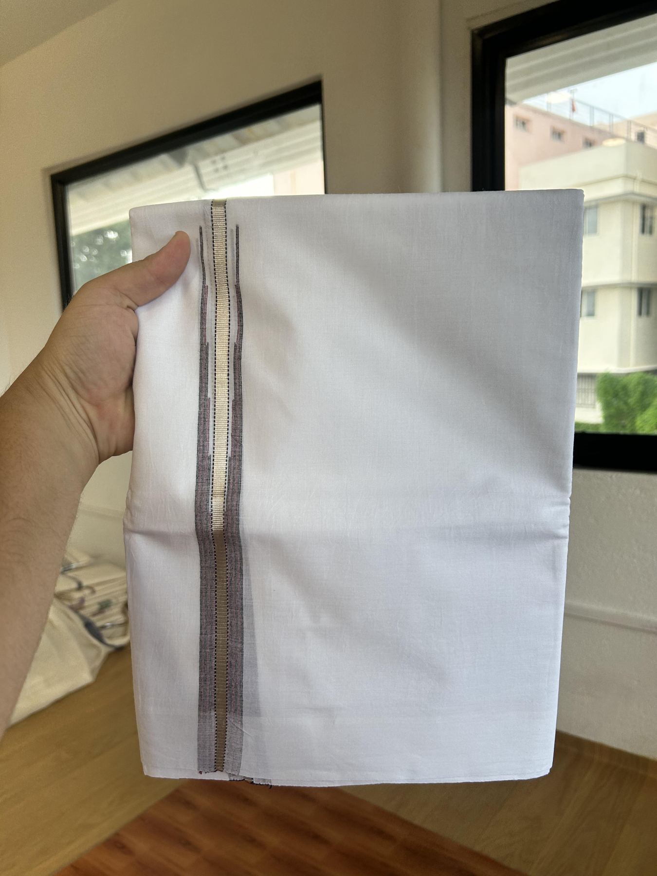 Double Pure White Mundu/Dhoti - 20% Discount !! KaithariKada Balaramapuram 100% Cotton - 100x80 - 1 inch Multi Colour & Silver Kasav Stripes Chutty Kara 3.80 mtr (8 muzham) - 41 KK5414 CKS