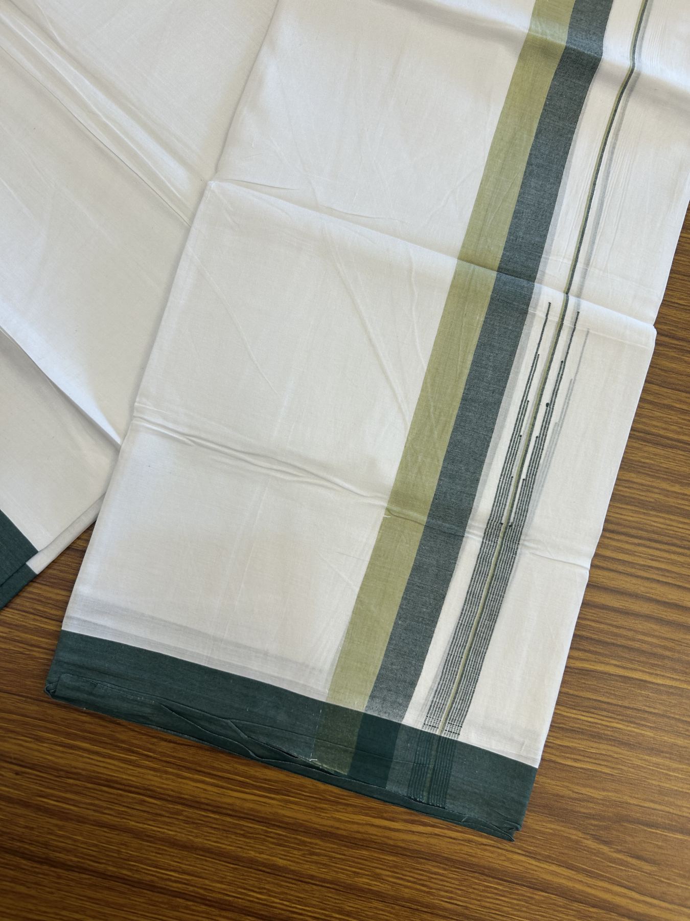 20% Discount ! Kaitharikada Balaramapuram 100% Pure Cotton Double Pure White Mundu/Dhoti - 100x80 - 1.5 inch Green & Light Green Striped Shaded Chutty 3.90 mtr (8 muzham) - 15 KK5312 PMC