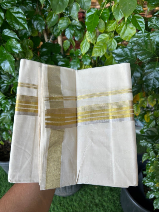 20% Discount ! KaithariKada  Balaramapuram - 100% Pure Cotton Off White - (Unbleached) Double Mundu/Dhoti - 100X80 - 1.5 inch Gold Kasavu & Silver Kasavu Striped Kara - 12 KK5250 VIN