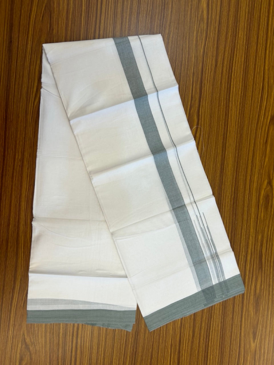 20% Discount! KaithariKada Balaramapuram 100% Cotton Double Pure white Mundu/Dhoti- 60s - 1.25 inch Greyish green shaded chutty kara - 3.90mtr ( 8 muzham) - 29 KK5279 CKS