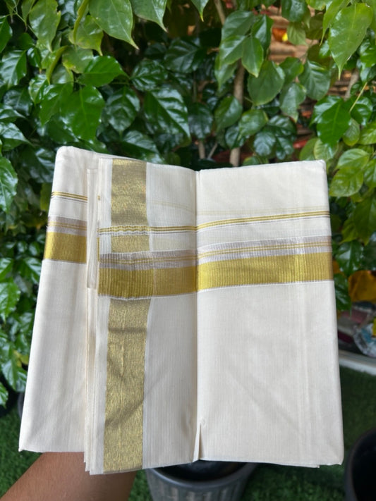 20% Discount ! KaithariKada  Balaramapuram - 100% Pure Cotton Off White - (Unbleached) Double Mundu/Dhoti - 100X80 - 1.5 inch Gold Kasavu & Silver Kasavu Striped Kara - 10 KK5250 VIN