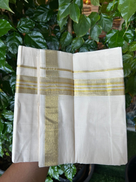 20% Discount ! KaithariKada  Balaramapuram - 100% Pure Cotton Off White - (Unbleached) Double Mundu/Dhoti - 100X80 - 1.5 inch Gold Kasavu & Silver Kasavu Striped Kara - 11 KK5250 VIN