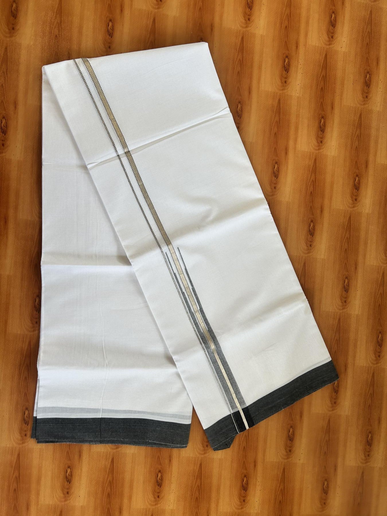 Double Pure White Mundu/Dhoti - 20% Discount !! KaithariKada Balaramapuram 100% Cotton - 100x80 - 0.75 inch Black Silver Kasav Stripes Chutty Kara 3.80 mtr (8 muzham) - 39 KK5414 CKS