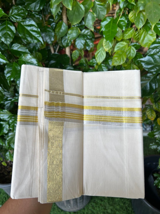 20% Discount ! KaithariKada  Balaramapuram - 100% Pure Cotton Off White - (Unbleached) Double Mundu/Dhoti - 100X80 - 1.5 inch Gold Kasavu & Silver Kasavu Striped Kara - 8 KK5250 VIN