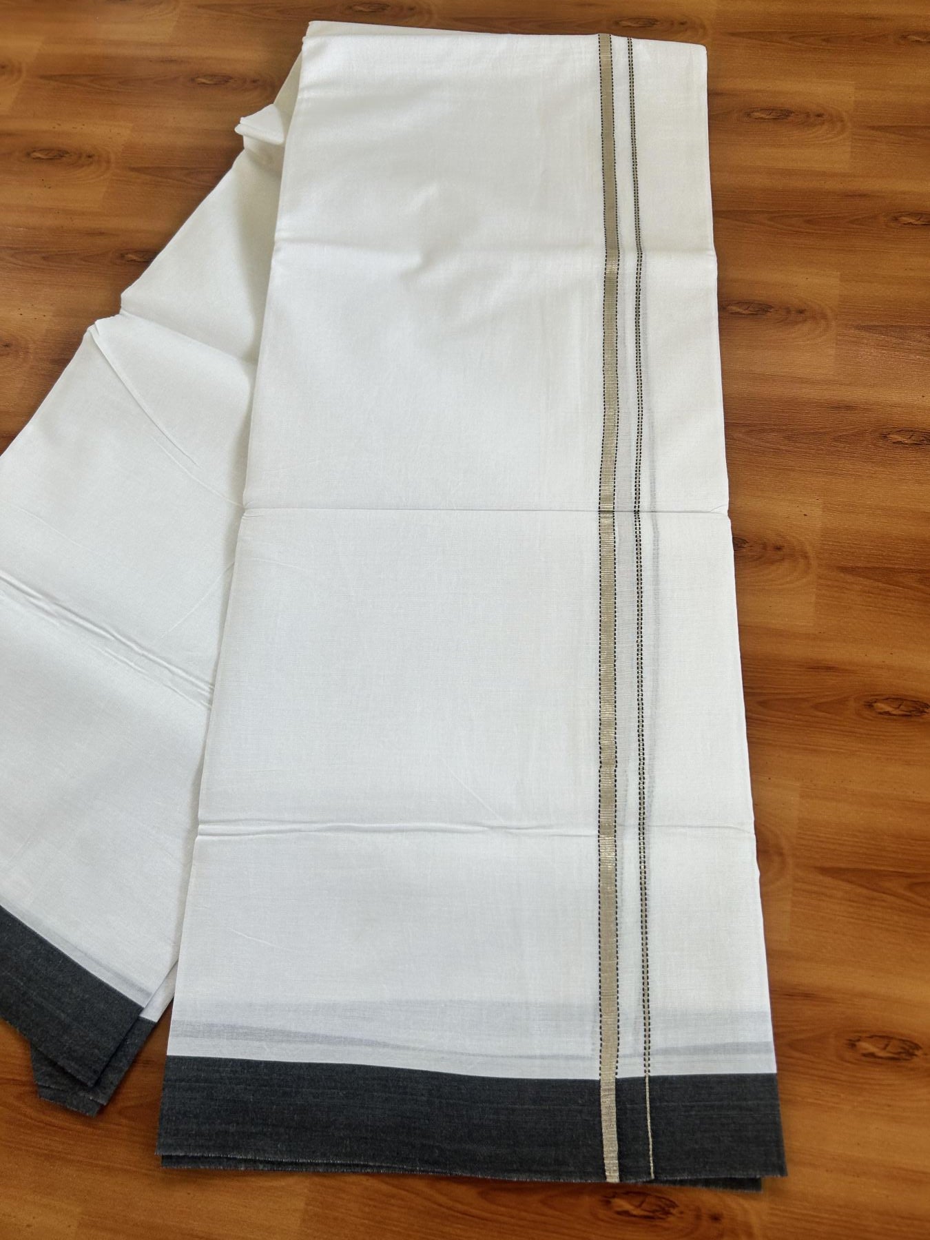 Double Pure White Mundu/Dhoti - 20% Discount !! KaithariKada Balaramapuram 100% Cotton - 100x80 - 0.75 inch Black Silver Kasav Stripes Chutty Kara 3.80 mtr (8 muzham) - 39 KK5414 CKS