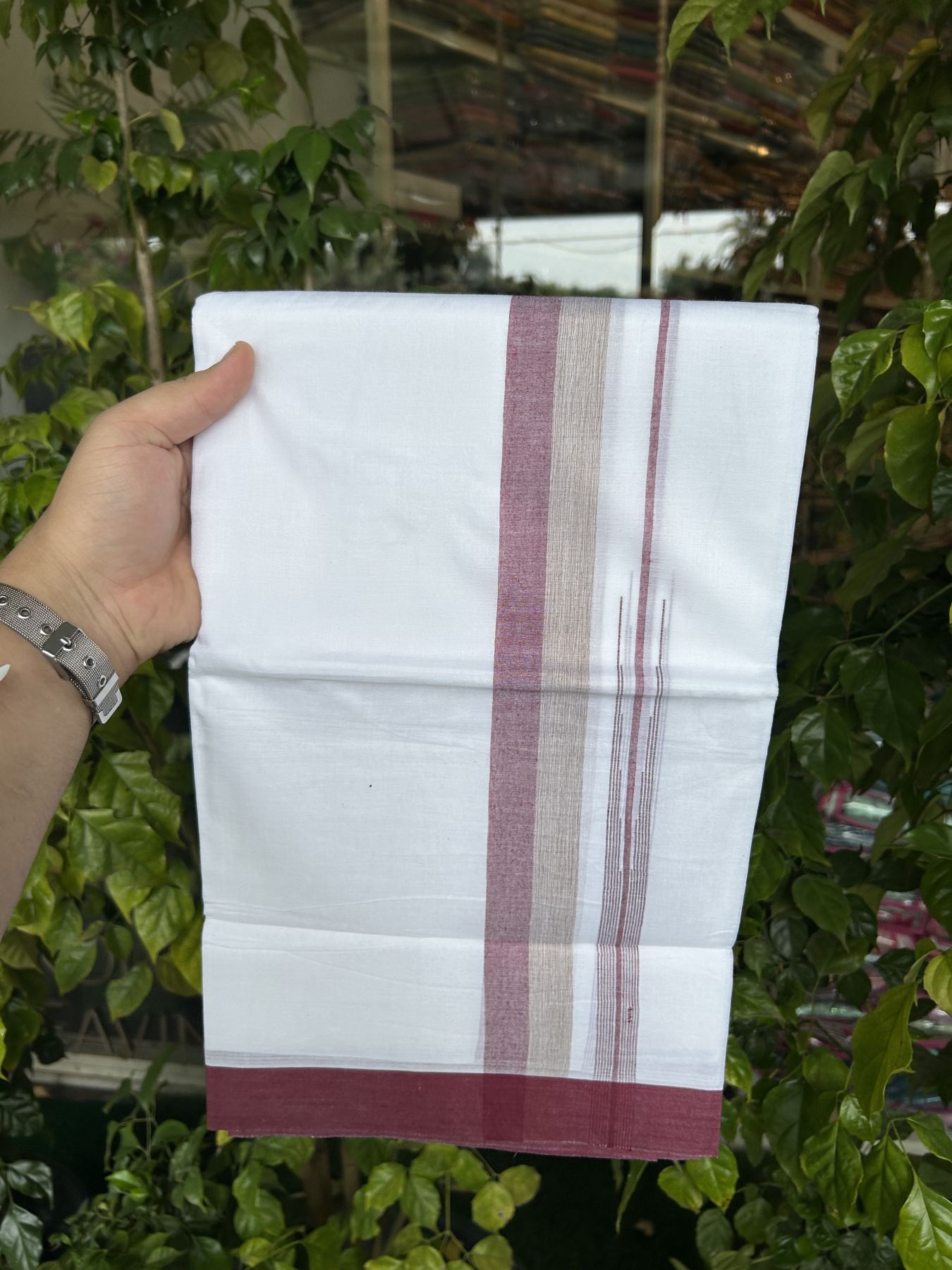 20% Discount ! Kaitharikada Balaramapuram 100% Pure Cotton Double Pure White Mundu/Dhoti - 100x80 - 1.5 inch Maroon & Light Brown Striped Shaded Chutty 3.90 mtr (8 muzham) - 17 KK5312 PMC
