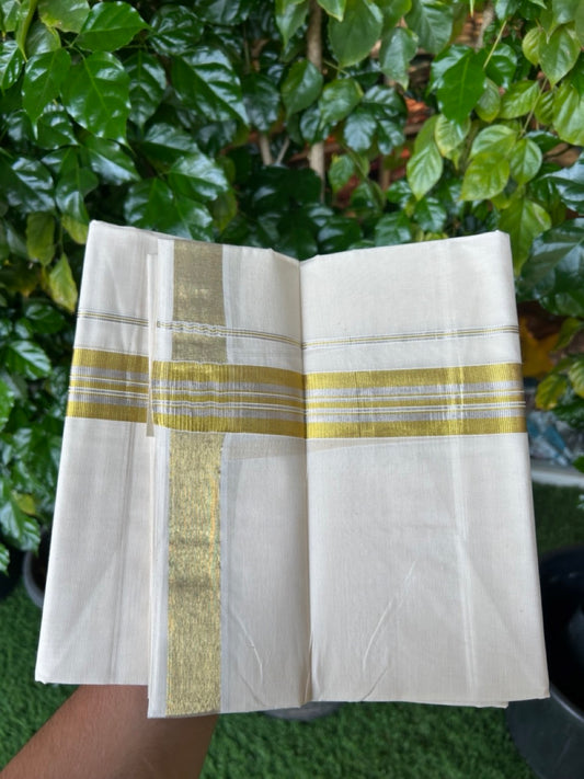 20% Discount ! KaithariKada  Balaramapuram - 100% Pure Cotton Off White - (Unbleached) Double Mundu/Dhoti - 100X80 - 1.5 inch Gold Kasavu & Silver Kasavu Striped Kara - 6 KK5250 VIN