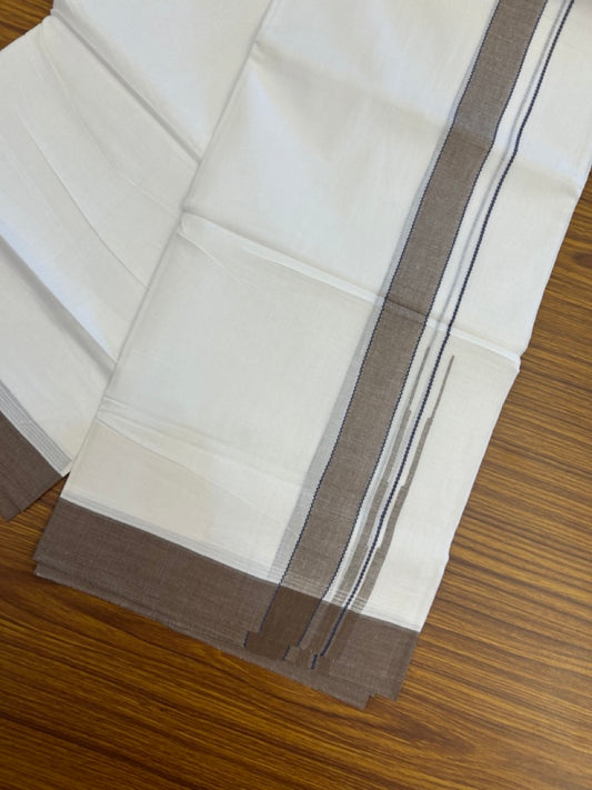 20% Discount! KaithariKada Balaramapuram 100% Cotton Double Pure white Mundu/Dhoti- 60s - 1.25 inch Navy Blue striped Brown shaded chutty kara - 3.90mtr ( 8 muzham) - 33 KK5279 CKS
