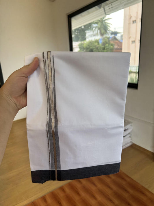 Double Pure White Mundu/Dhoti - 20% Discount !! KaithariKada Balaramapuram 100% Cotton - 100x80 - 0.75 inch Black Silver Kasav Stripes Chutty Kara 3.80 mtr (8 muzham) - 39 KK5414 CKS