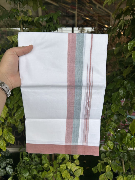20% Discount ! Kaitharikada Balaramapuram 100% Pure Cotton Double Pure White Mundu/Dhoti - 100x80 - 1.5 inch Dusty Rose & Teal Green Striped Shaded Chutty 3.90 mtr (8 muzham) - 18 KK5312 PMC