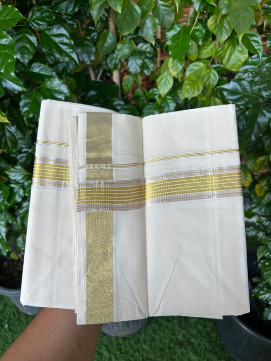 20% Discount ! KaithariKada  Balaramapuram - 100% Pure Cotton Off White - (Unbleached) Double Mundu/Dhoti - 100X80 - 1.5 inch Gold Kasavu & Silver Kasavu Striped Kara - 9 KK5250 VIN