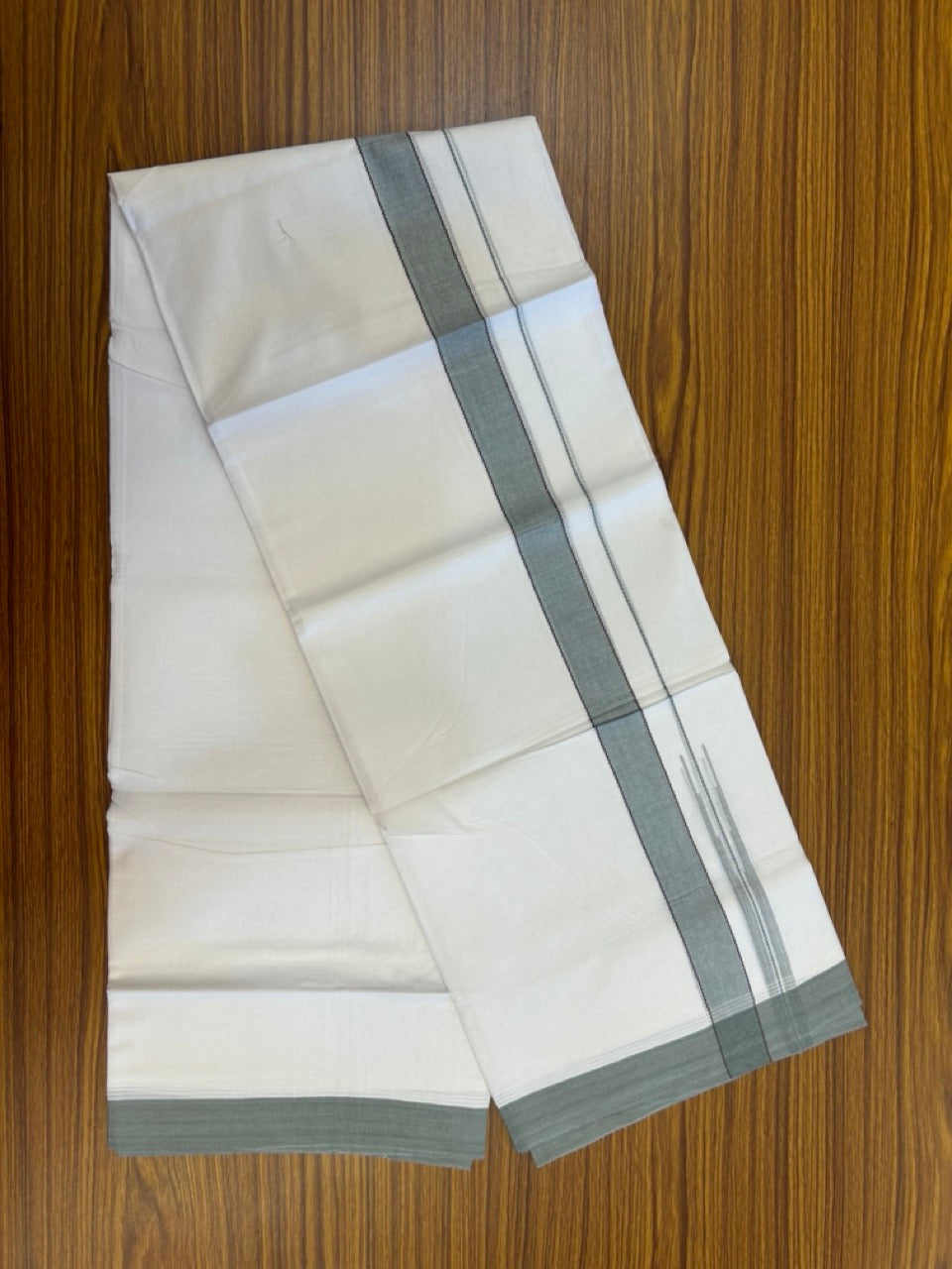 20% Discount! KaithariKada Balaramapuram 100% Cotton Double Pure white Mundu/Dhoti- 60s - 1.25 inch Brown striped Greyish green shaded chutty kara - 3.90mtr ( 8 muzham) - 31 KK5279 CKS