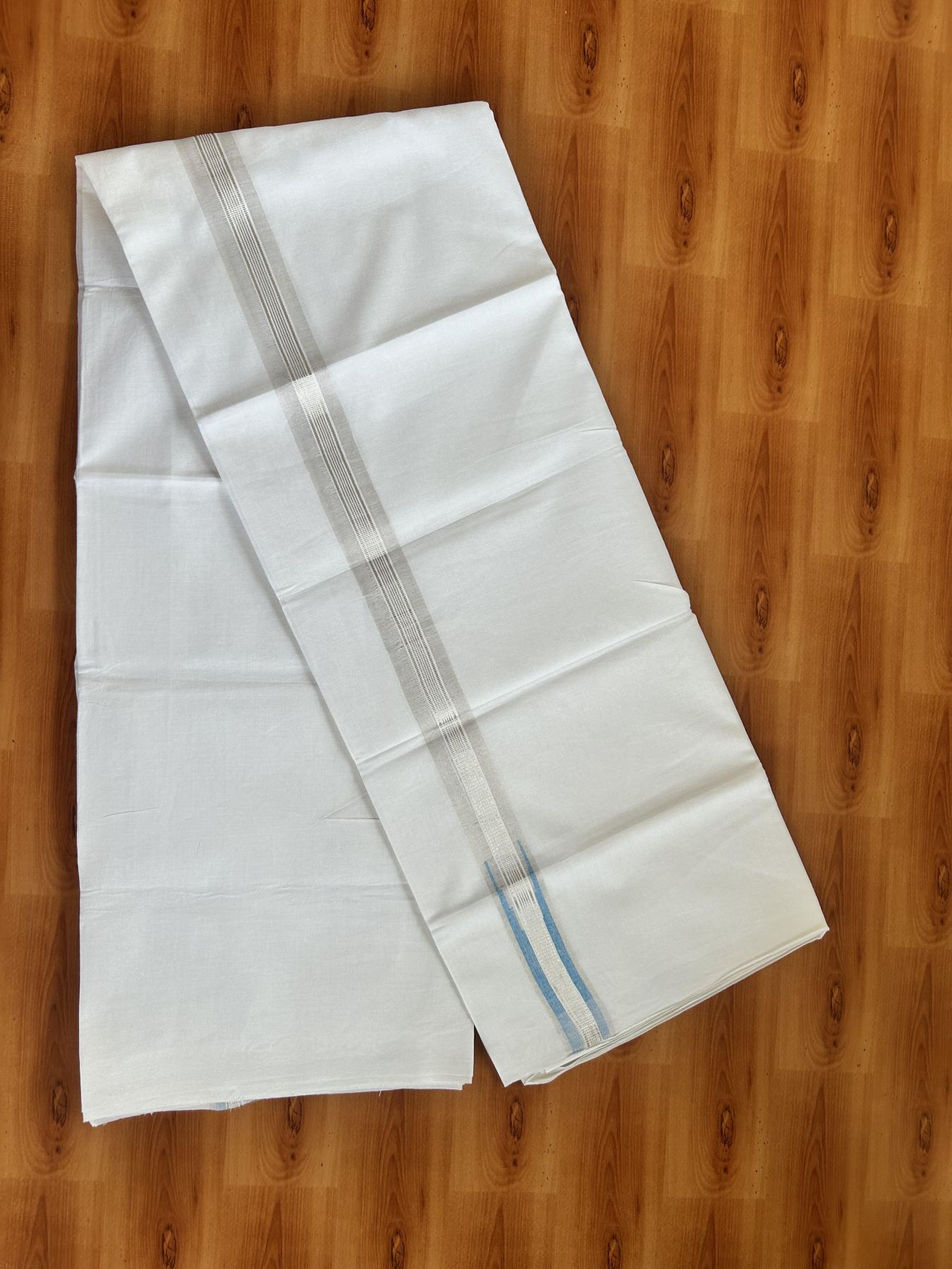 Double Pure White Mundu/Dhoti - 20% Discount !! KaithariKada Balaramapuram 100% Cotton - 100x80 - 3.5 cm Light Blue Silver Kasav Stripes Chutty Kara 3.80 mtr (8 muzham) - 37 KK5414 CKS