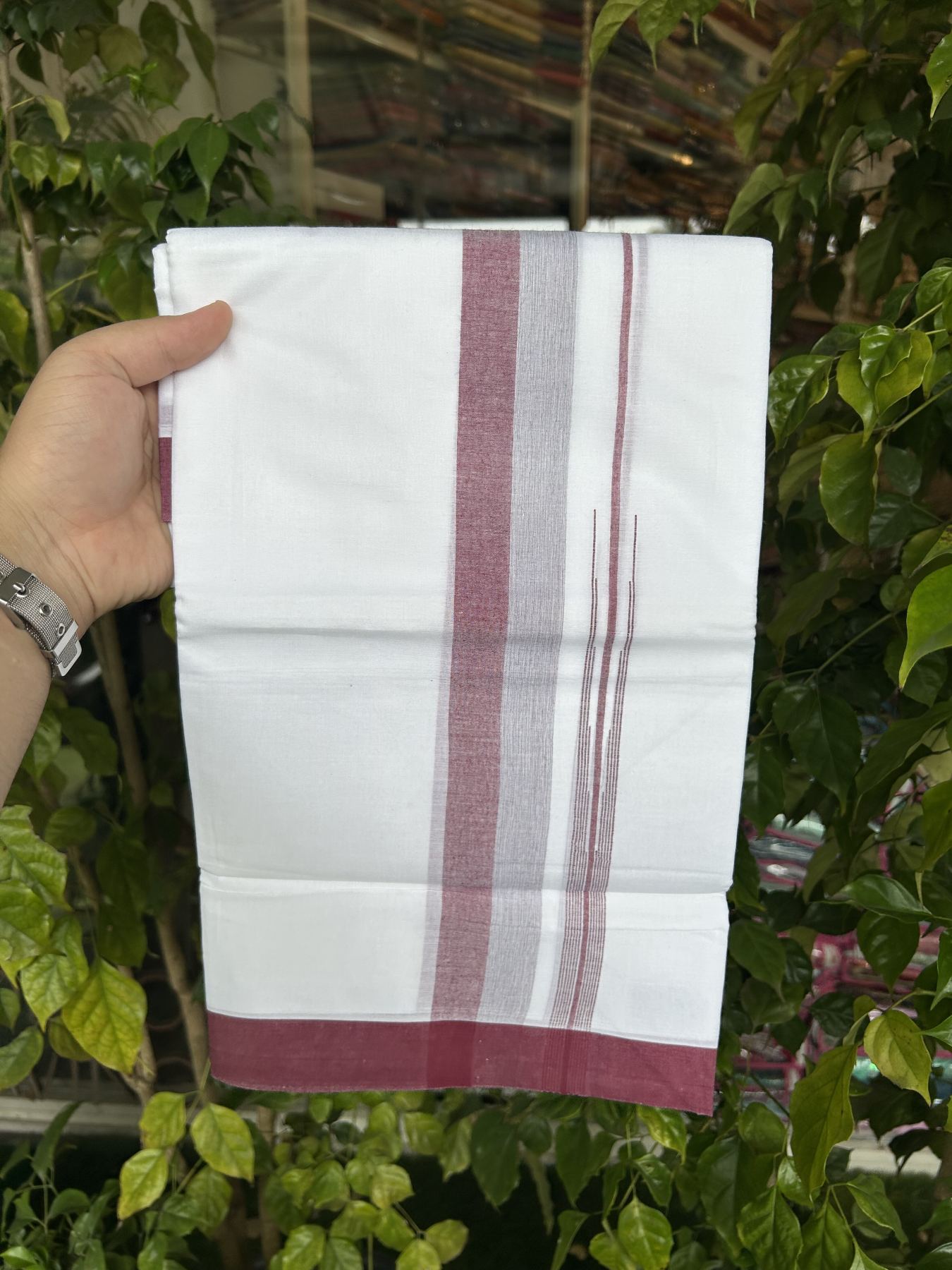 20% Discount ! Kaitharikada Balaramapuram 100% Pure Cotton Double Pure White Mundu/Dhoti - 100x80 - 1.25 inch Maroon & Grey Striped Shaded Chutty 3.90 mtr (8 muzham) - 14 KK5312 PMC