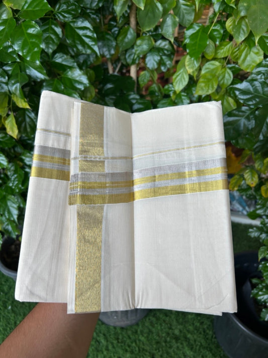 20% Discount ! KaithariKada  Balaramapuram - 100% Pure Cotton Off White - (Unbleached) Double Mundu/Dhoti - 100X80 - 1.5 inch Gold Kasavu & Silver Kasavu Striped Kara - 7 KK5250 VIN