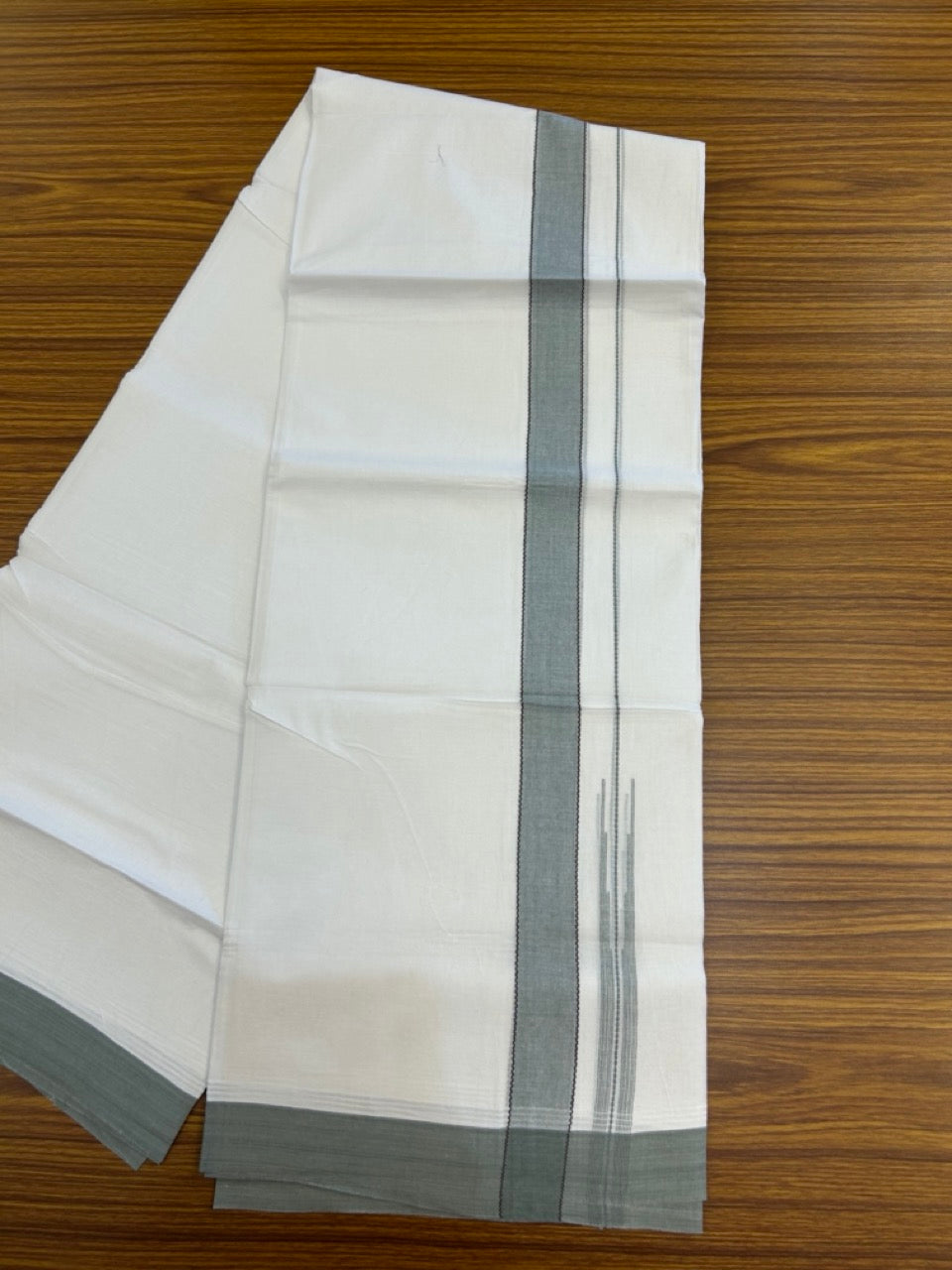 20% Discount! KaithariKada Balaramapuram 100% Cotton Double Pure white Mundu/Dhoti- 60s - 1.25 inch Brown striped Greyish green shaded chutty kara - 3.90mtr ( 8 muzham) - 31 KK5279 CKS