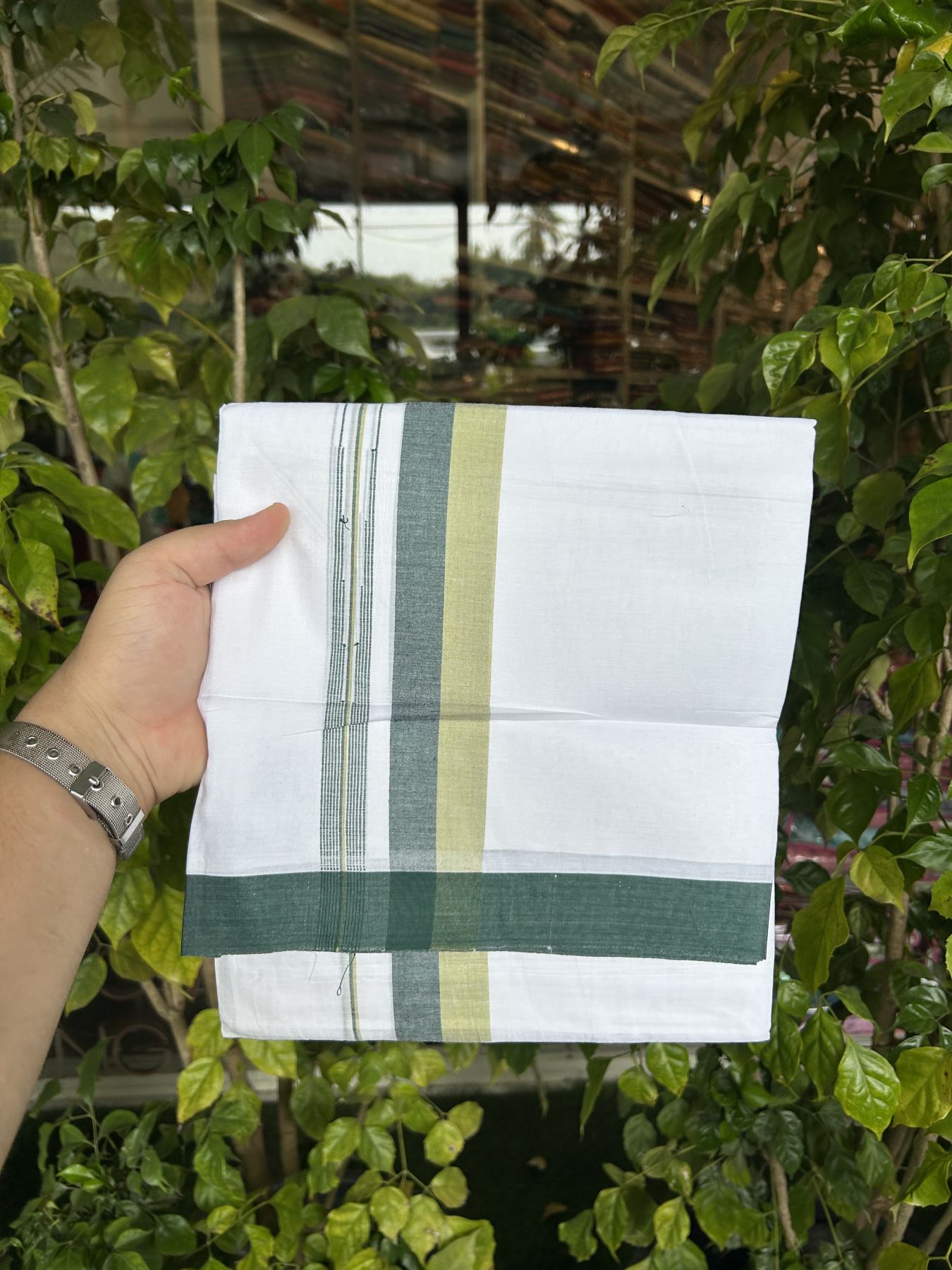 20% Discount ! Kaitharikada Balaramapuram 100% Pure Cotton Double Pure White Mundu/Dhoti - 100x80 - 1.5 inch Green & Light Green Striped Shaded Chutty 3.90 mtr (8 muzham) - 15 KK5312 PMC
