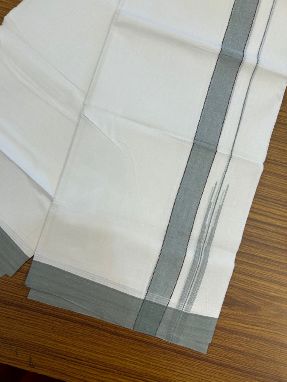 20% Discount! KaithariKada Balaramapuram 100% Cotton Double Pure white Mundu/Dhoti- 60s - 1.25 inch Brown striped Greyish green shaded chutty kara - 3.90mtr ( 8 muzham) - 31 KK5279 CKS