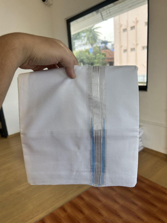 Double Pure White Mundu/Dhoti - 20% Discount !! KaithariKada Balaramapuram 100% Cotton - 100x80 - 3.5 cm Light Blue Silver Kasav Stripes Chutty Kara 3.80 mtr (8 muzham) - 37 KK5414 CKS