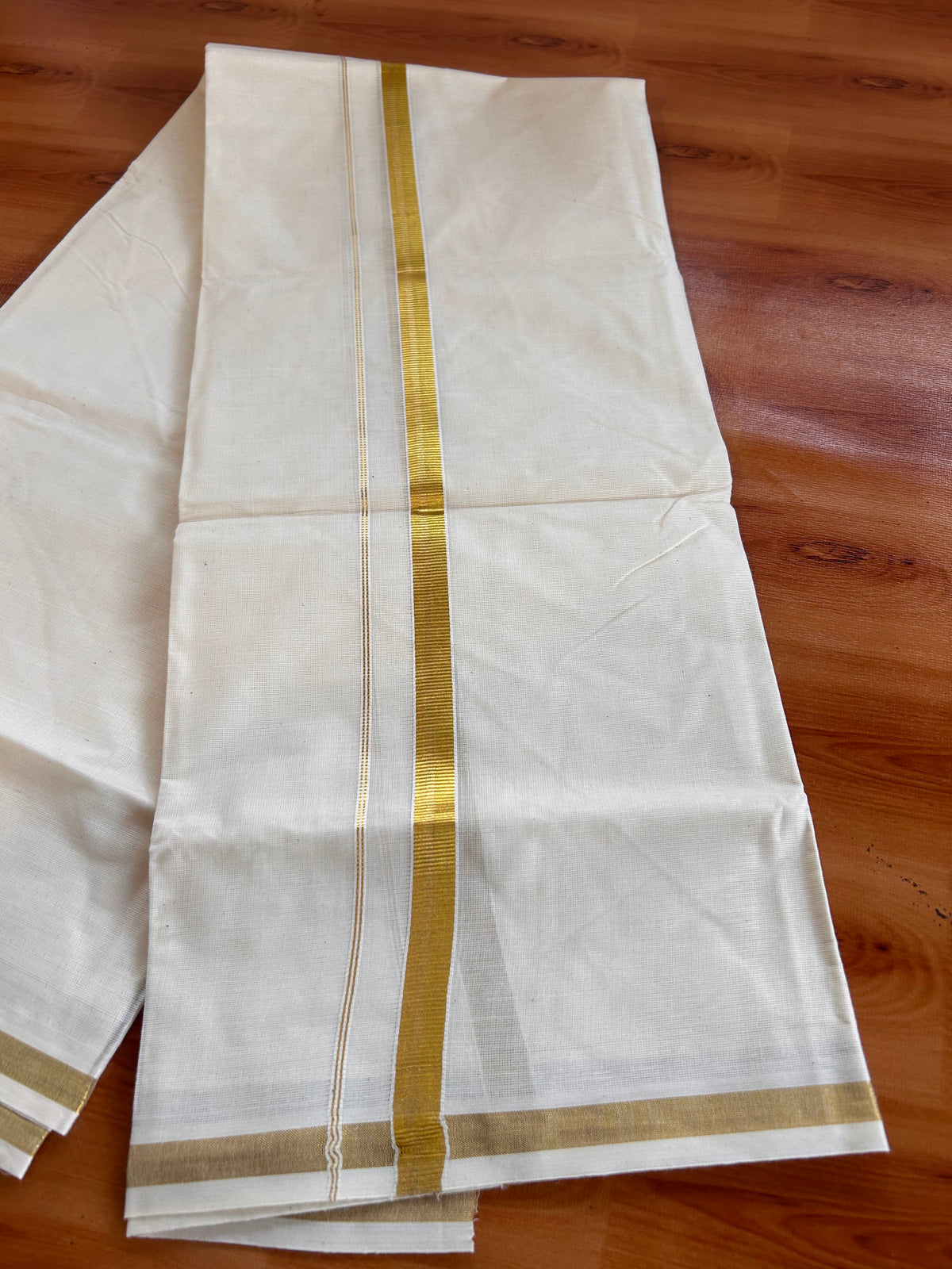 Neriyath Off White  (Unbleached) - KaithariKada -  80x72 Mixed Cotton - 0.5 Inch Gold Kasavu Kara - 2.60 mtr (5.34 muzham) - 1 KK5532 VIN
