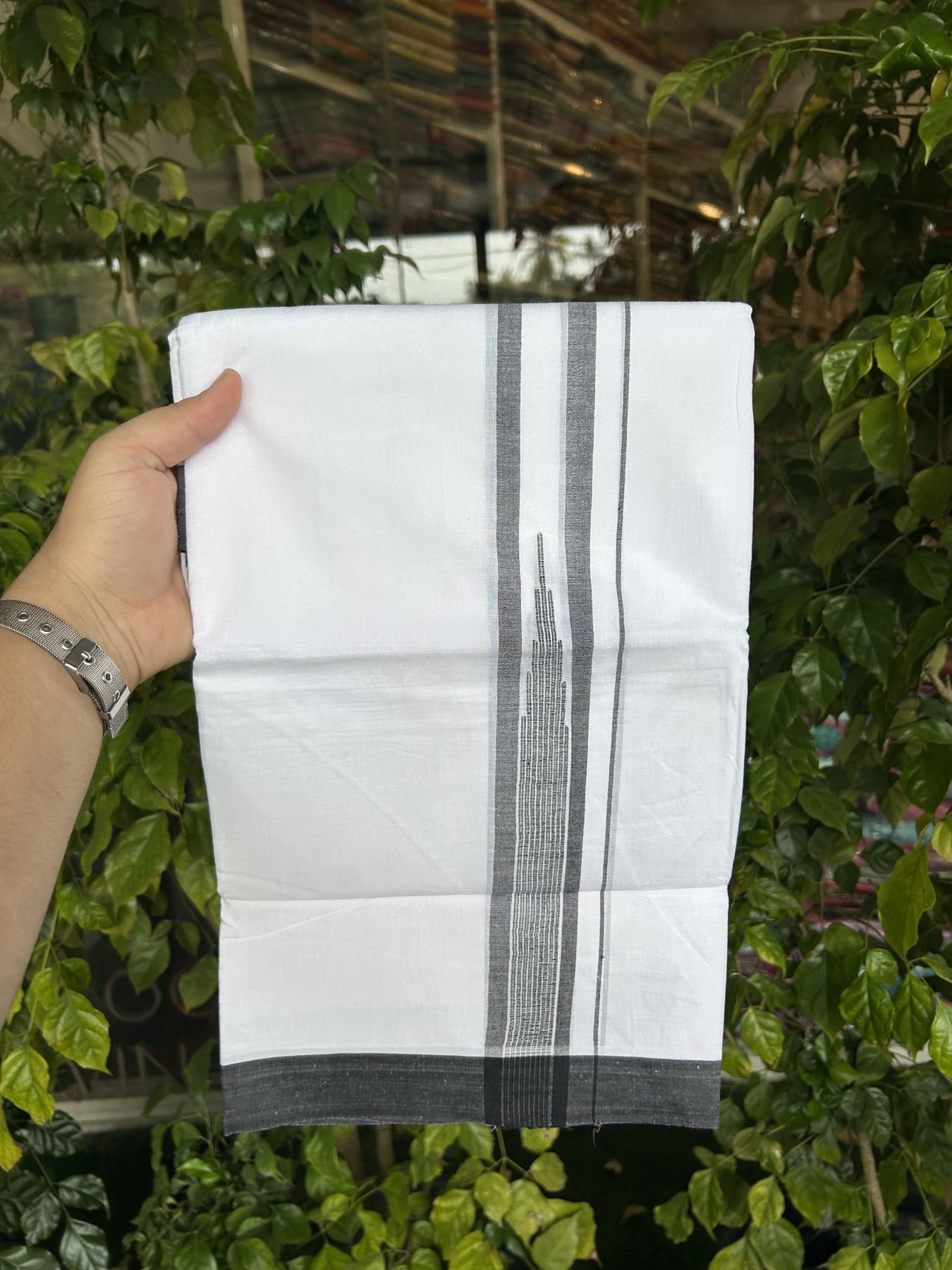 20% Discount ! Kaitharikada Balaramapuram 100% Pure Cotton Double Pure White Mundu/Dhoti - 100x80 - 1.75 inch Black Shaded Striped Chutty 3.90 mtr (8 muzham) - 24 KK5312 PMC