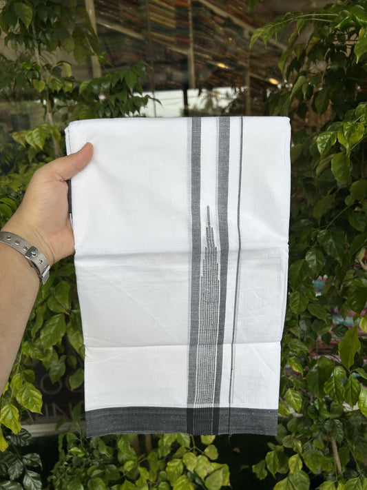 20% Discount ! Kaitharikada Balaramapuram 100% Pure Cotton Double Pure White Mundu/Dhoti - 100x80 - 1.75 inch Black Shaded Striped Chutty 3.90 mtr (8 muzham) - 24 KK5312 PMC