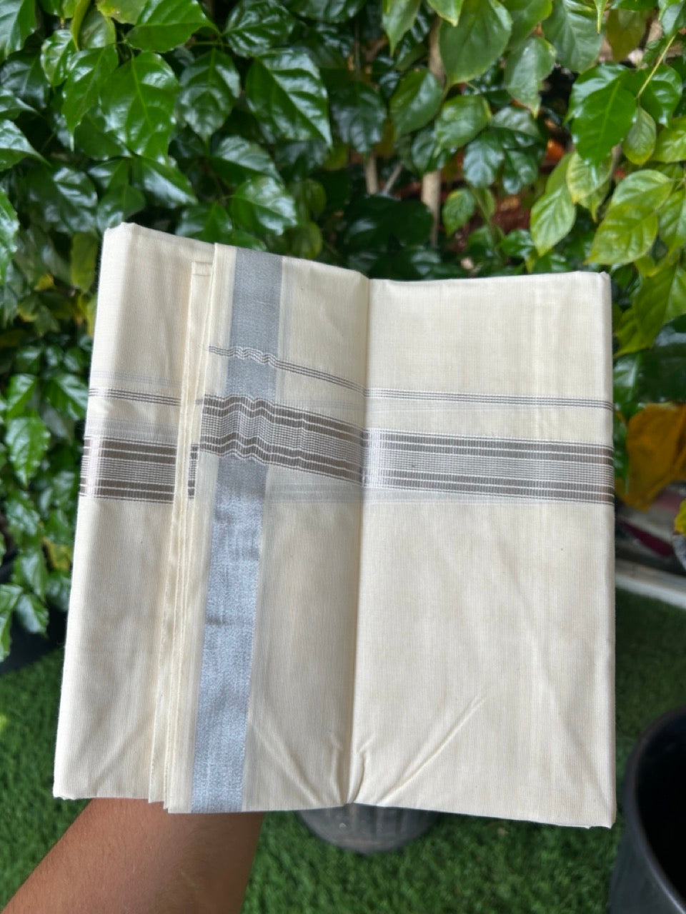 20% Discount ! KaithariKada  Balaramapuram - Cotton Off White (Unbleached) Double Mundu/Dhoti - Mixed Cotton 80x72 - 90% Cotton & 10% Polyester - 1.5 inch Silver Kasav Striped Kara 4 mtr (8.5 Muzham) - 5 KK5250 VIN