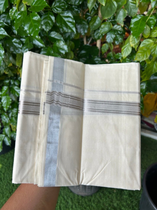 20% Discount ! KaithariKada  Balaramapuram - Cotton Off White (Unbleached) Double Mundu/Dhoti - Mixed Cotton 80x72 - 90% Cotton & 10% Polyester - 1.5 inch Silver Kasav Striped Kara 4 mtr (8.5 Muzham) - 5 KK5250 VIN