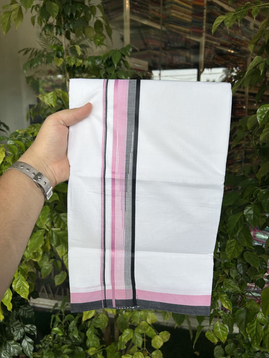 20% Discount ! Kaitharikada Balaramapuram 100% Pure Cotton Double Pure White Mundu/Dhoti - 100x80 - 1.5 inch Pinkish Lavender & Black Striped Chutty 3.90 mtr (8 muzham) - 11 KK5312 PMC