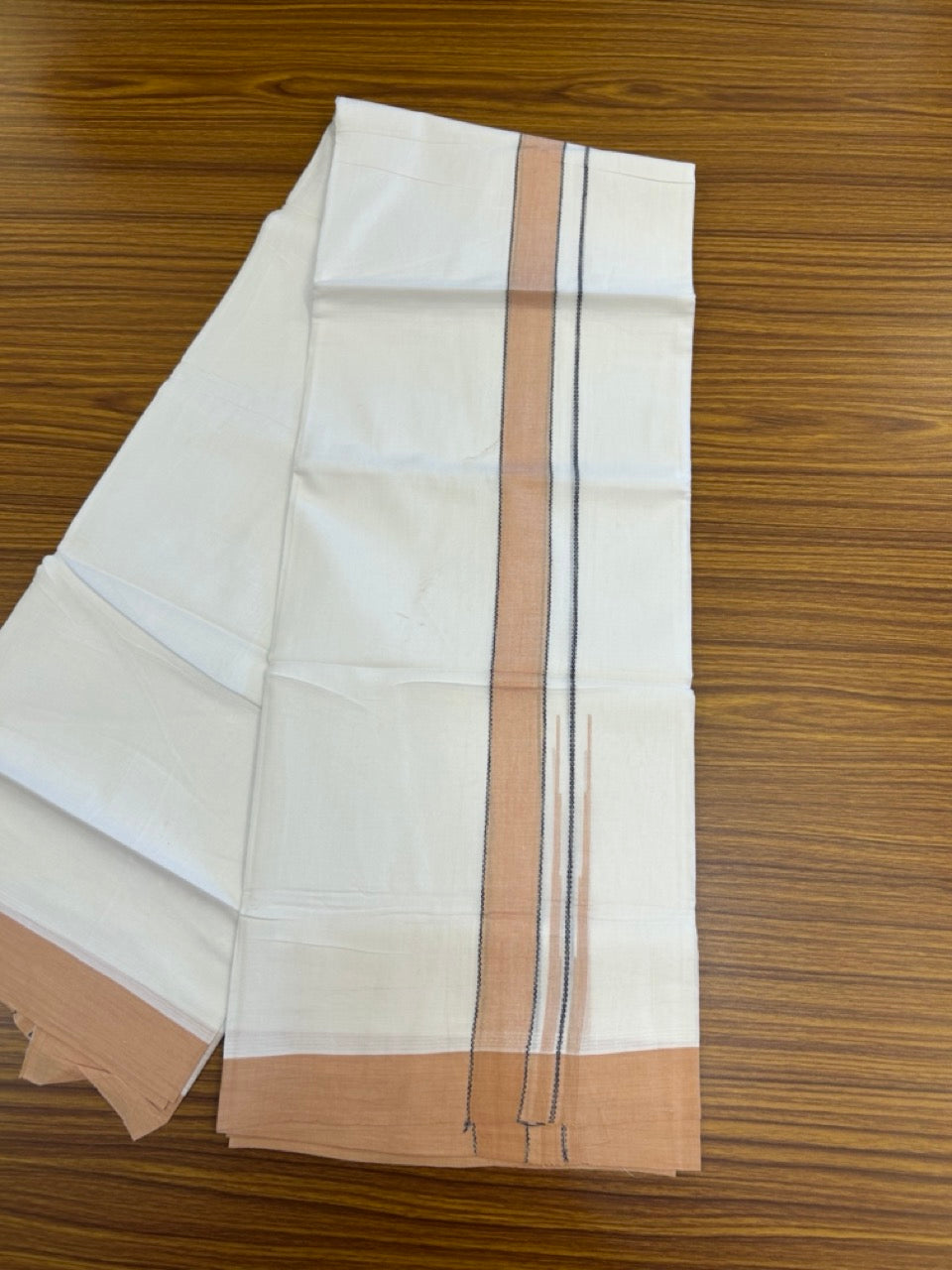 20% Discount! KaithariKada Balaramapuram 100% Cotton Double Pure white Mundu/Dhoti- 60s - 1.25 inch Navy Blue striped Peach orange shaded chutty kara - 3.90mtr ( 8 muzham) - 32 KK5279 CKS