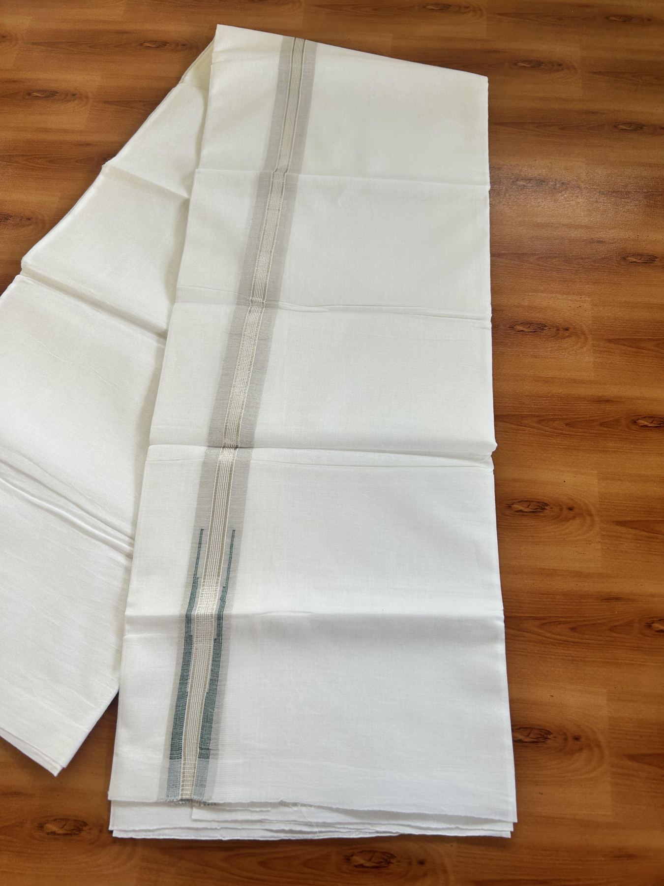Double Pure White Mundu/Dhoti - 20% Discount !! KaithariKada Balaramapuram 100% Cotton - 100x80 - 3 cm Peacock Green Silver Kasav Stripes Chutty Kara 3.80 mtr (8 muzham) - 35 KK5414 CKS
