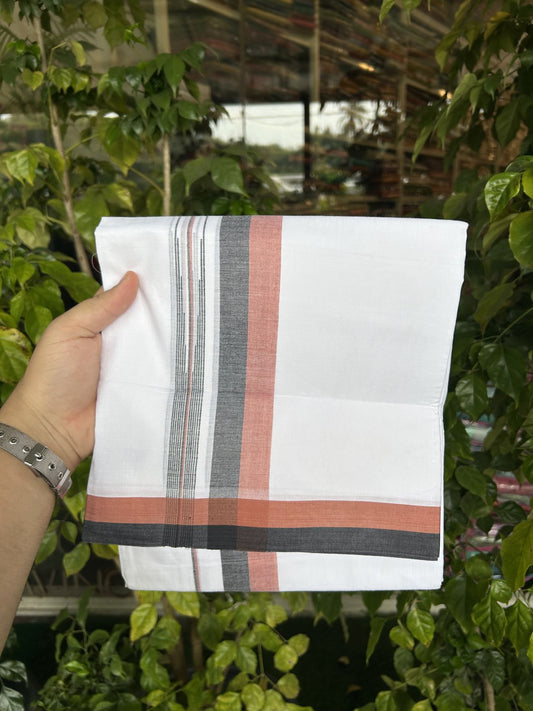 20% Discount ! Kaitharikada Balaramapuram 100% Pure Cotton Double Pure White Mundu/Dhoti - 100x80 - 1.25 inch Cinnamon Brown & Black Striped Shaded Chutty 3.90 mtr (8 muzham) - 21 KK5312 PMC