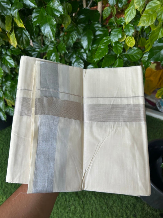 20% Discount ! KaithariKada  Balaramapuram - Pure Cotton Off White  (Unbleached) Double Mundu/Dhoti - 100X80 - 1.5 inch Silver Kasav Striped Kara 4 mtr (8.5 Muzham) - 3 KK5250 VIN